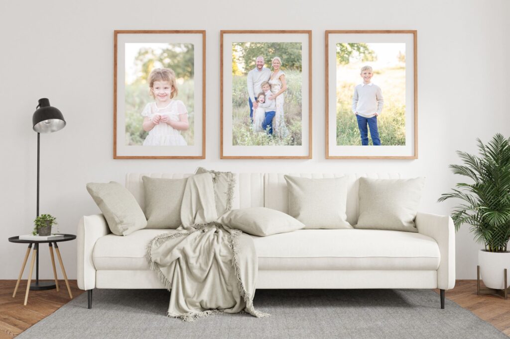 Three large frames creating a focal point behind a couch displaying one way you can display your home portraits. 